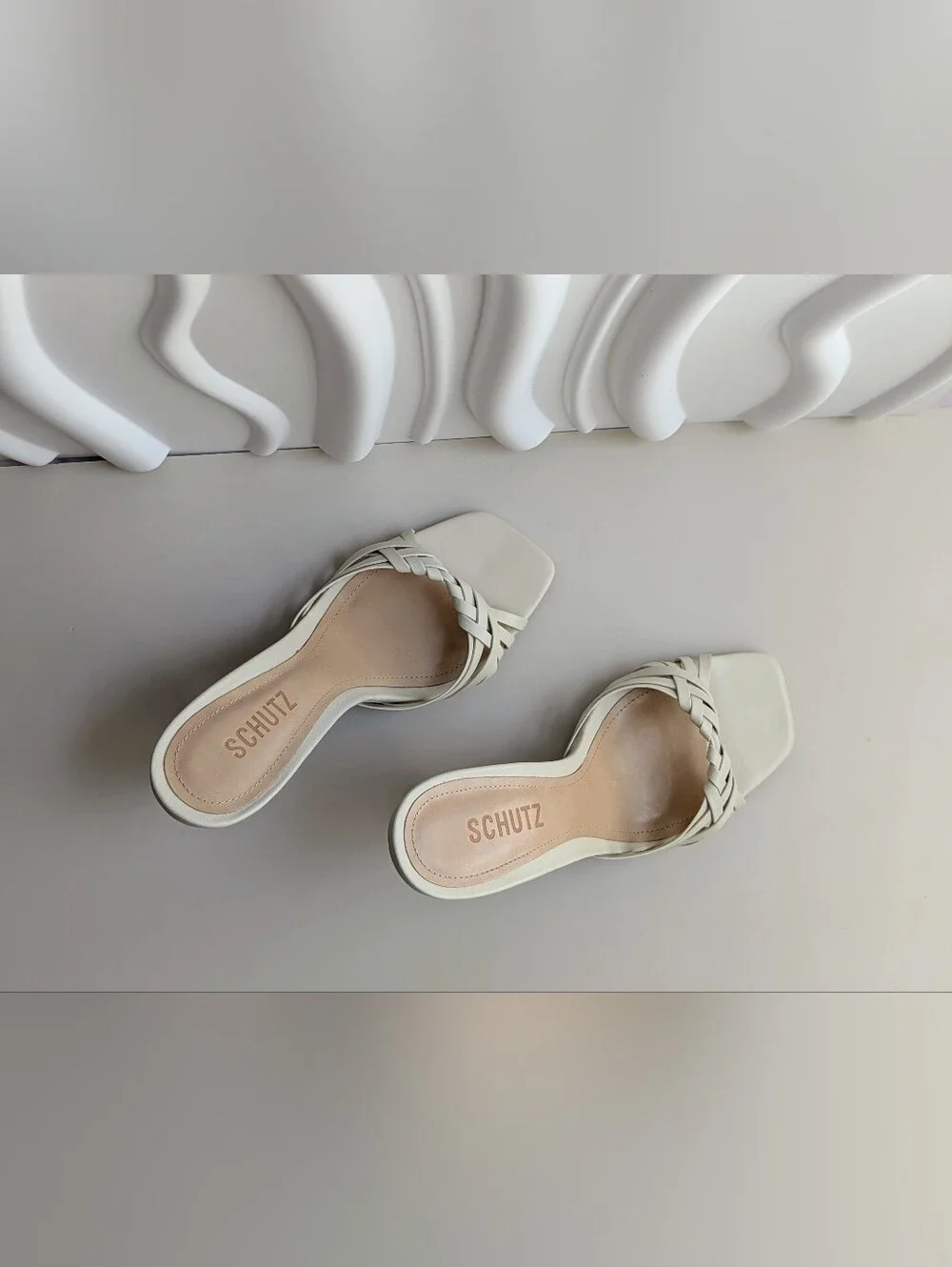 SCHUTZ Tara Leather Mule Sugar White Woven Stiletto Heels Size 8 NWT